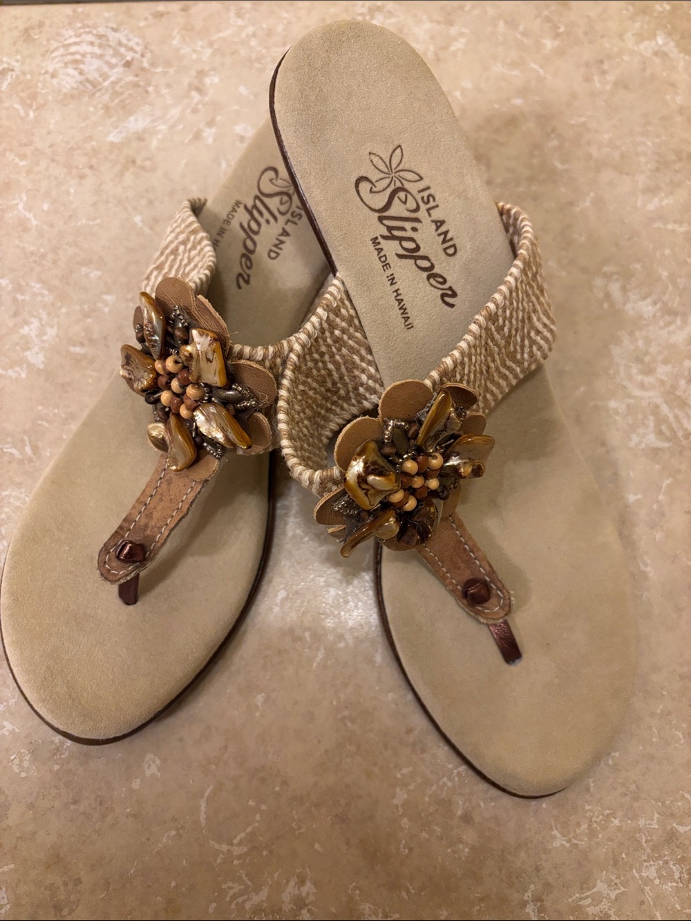 Island Slipper Women's Tan Floral Bead Thong Sandals
